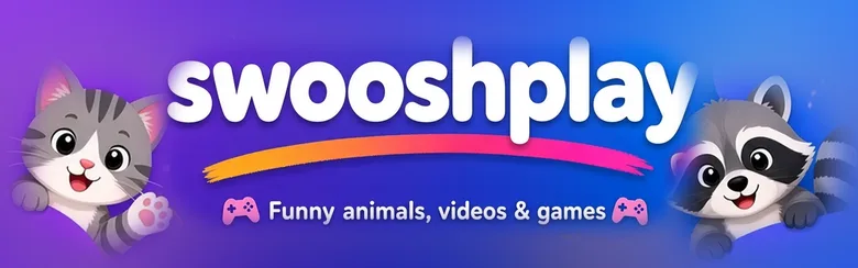 swooshplay banner – cartoon cat, dog, rabbit, raccoon and monkey around the words Funny animals, videos & games