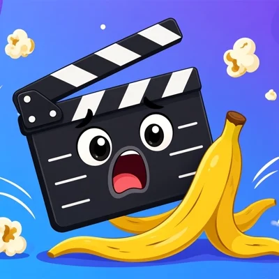 Cartoon clapperboard, banana peel, popcorn and a laughing face