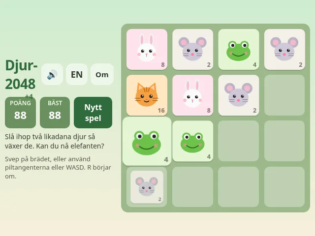 Djur-2048: ett bräde med tecknade djurbrickor