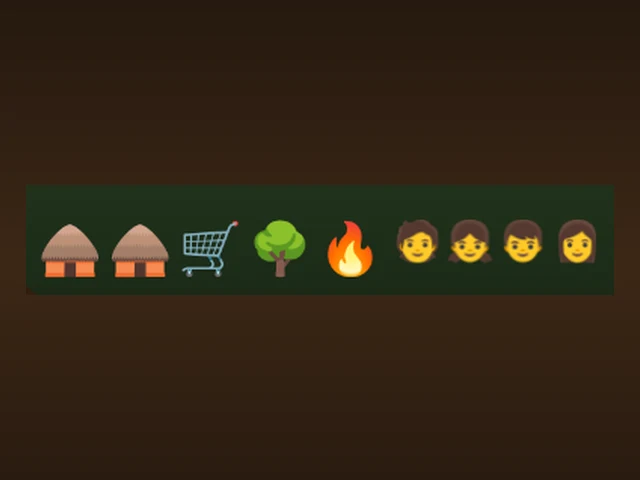 A Dark Room 2: a campfire next to a cozy emoji village