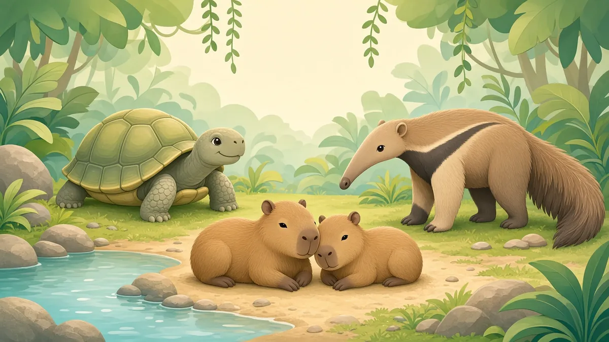 Illustration: two young capybaras resting by a pond with a giant tortoise and an anteater