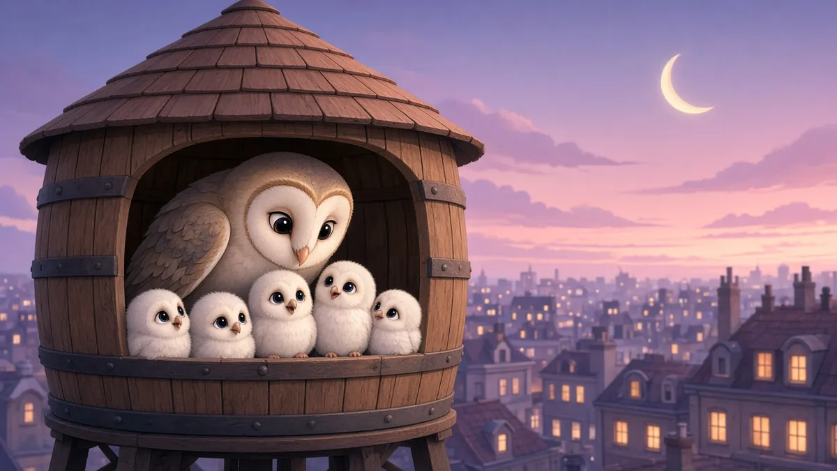 Illustration: a barn owl and five fluffy owlets in a rooftop water tower at dusk