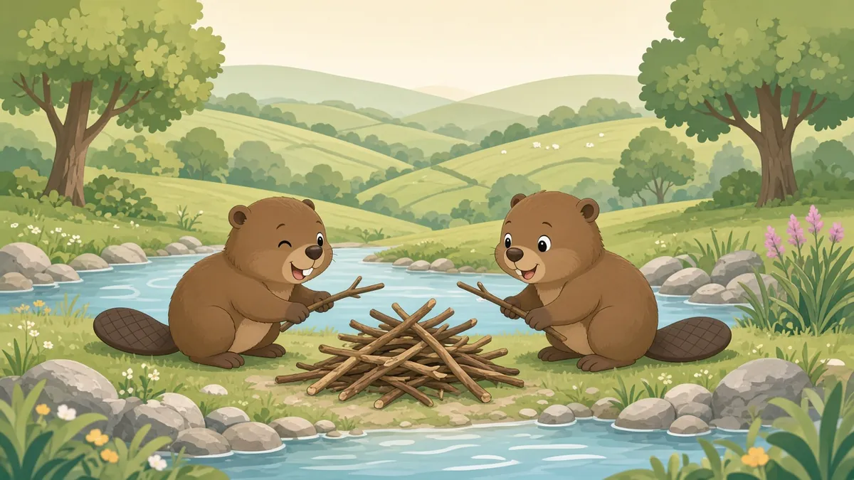 Illustration: two young beavers playing with sticks by a stream in green hills