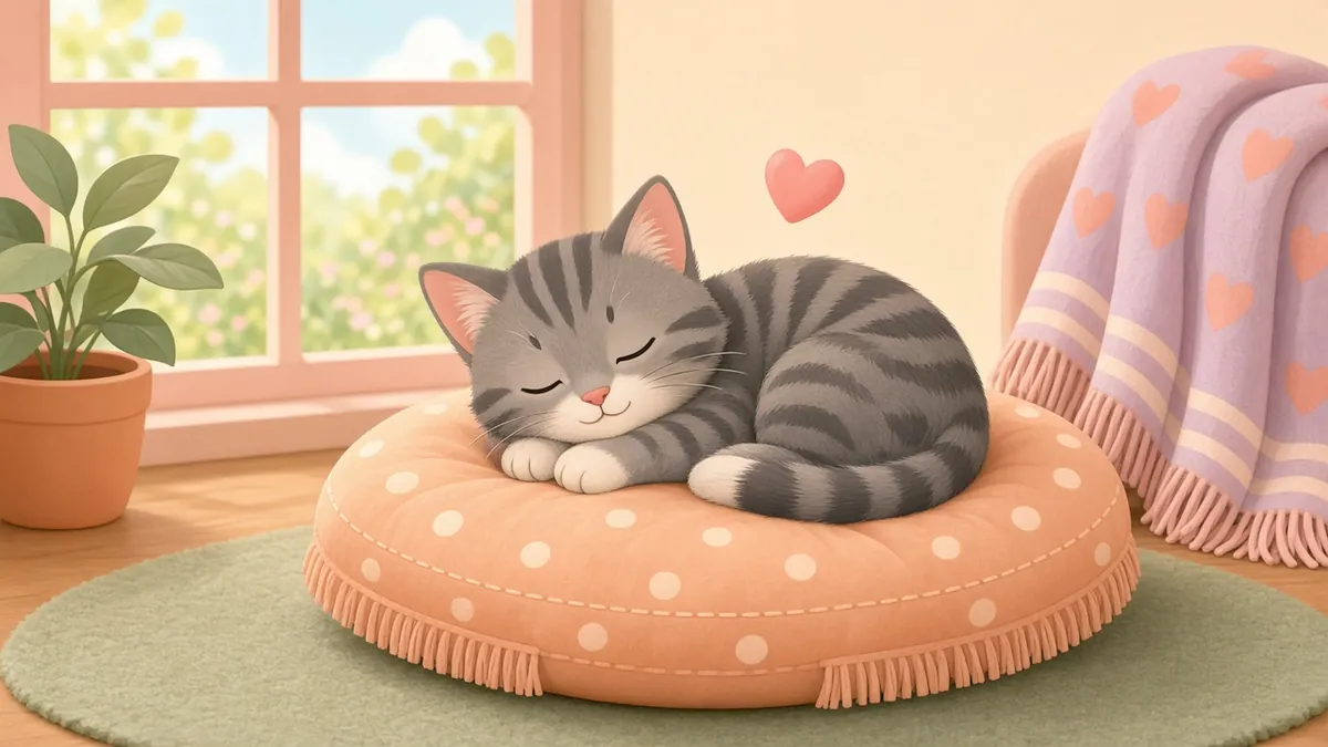 Illustration: a gray tabby cat sleeping happily on a cushion at home