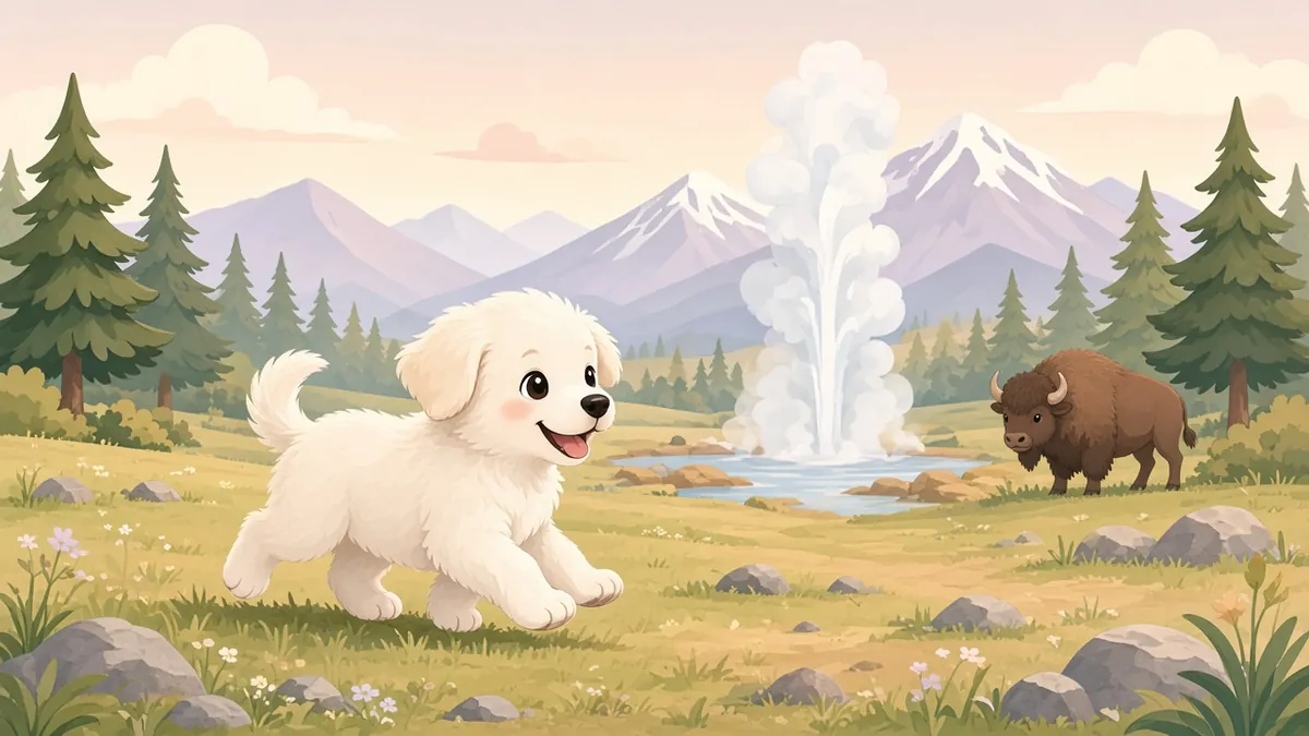 Illustration: a small white dog running through a park with a geyser, mountains and a bison