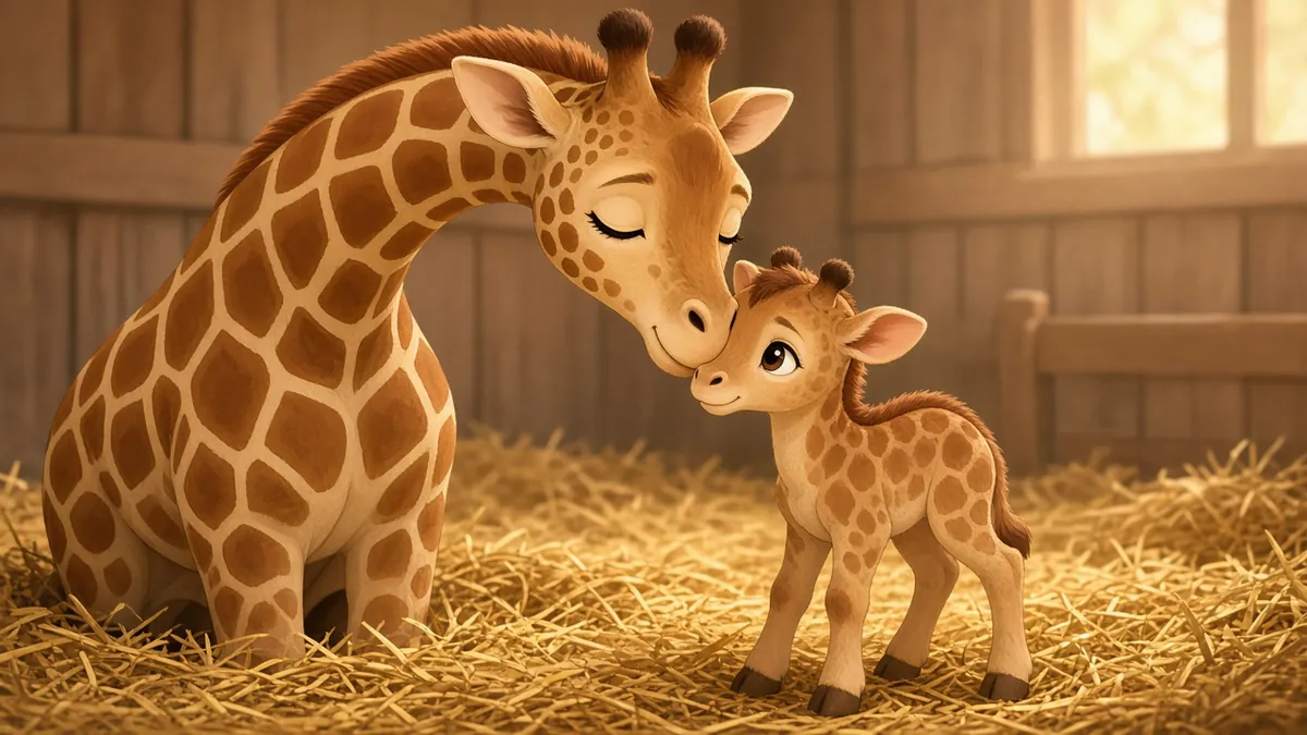 Illustration: a giraffe mother nuzzling her newborn calf in a straw-filled barn