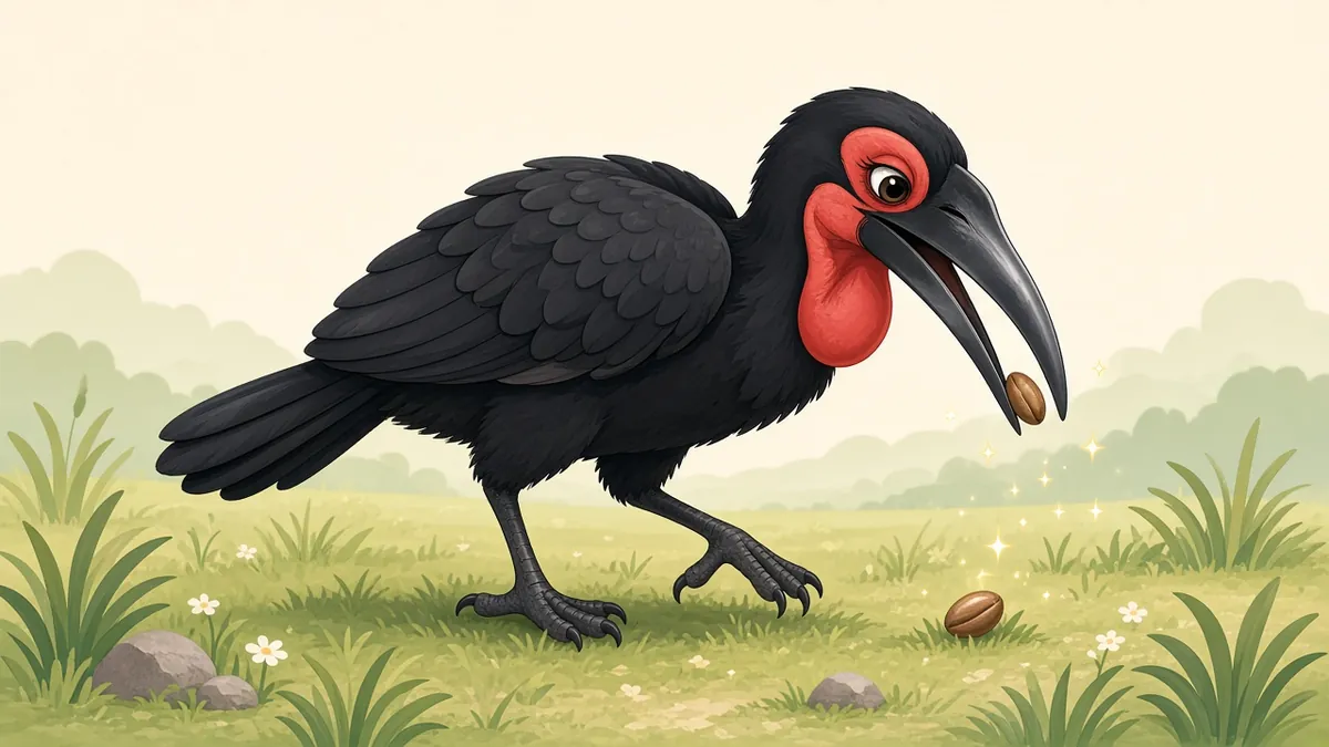 Illustration: a ground hornbill picking up a seed with its shiny new beak