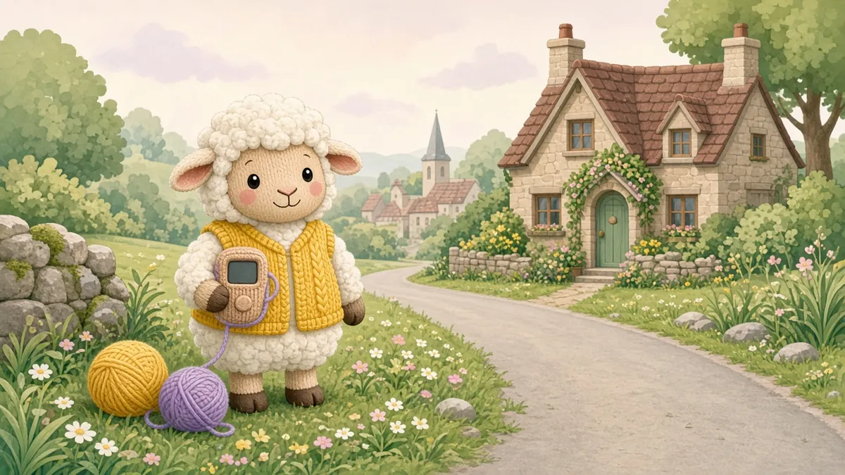 Illustration: a knitted toy sheep in a yellow vest beside a village road