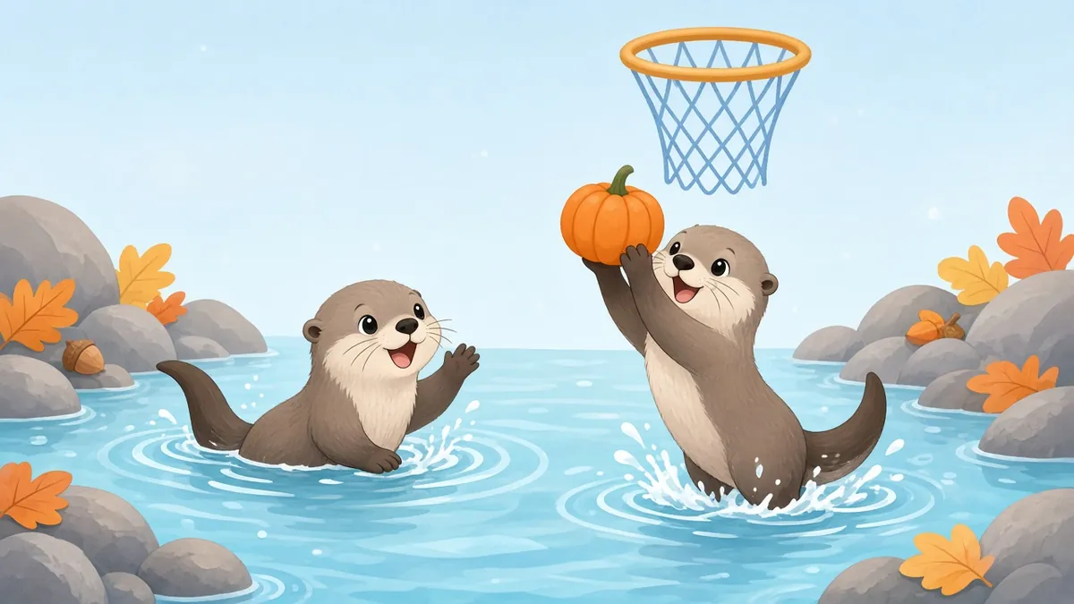 Illustration: two sea otters in the water, one dunking a mini pumpkin into a hoop