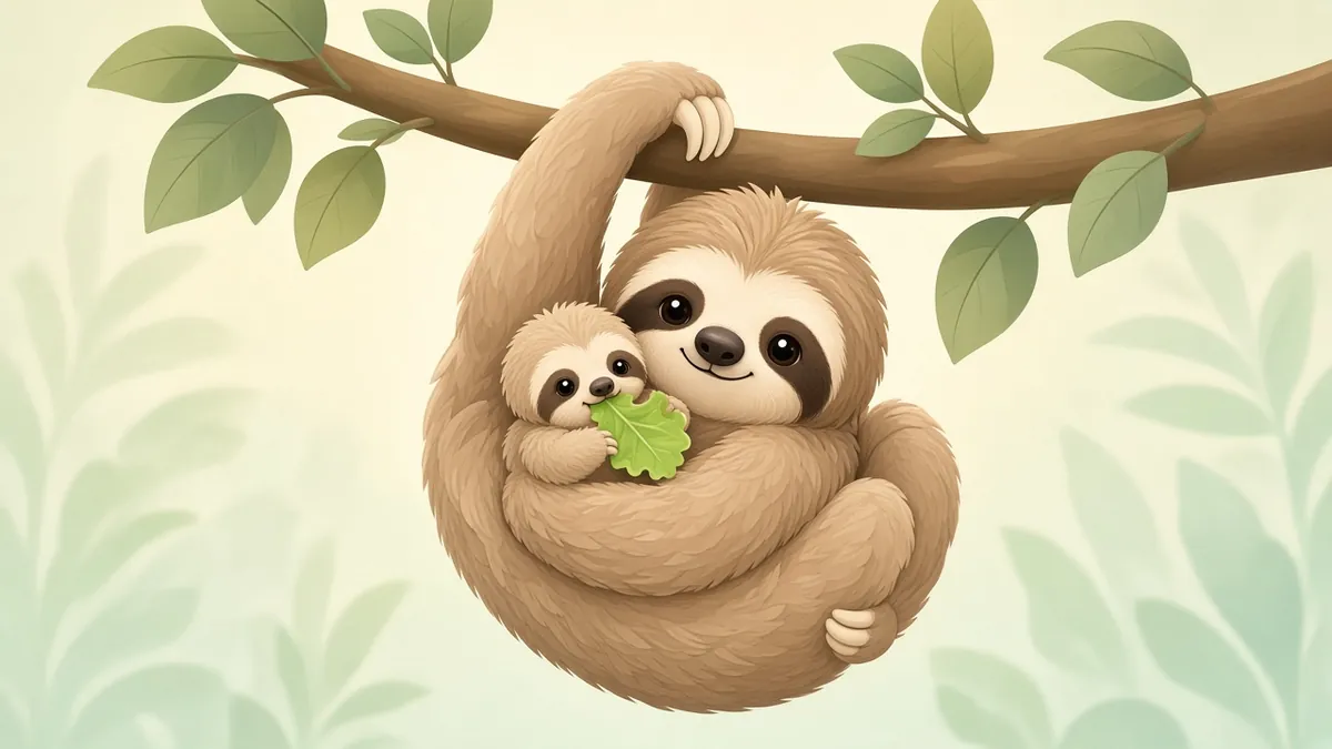 Illustration: a baby sloth eating lettuce while cuddling its mother on a branch