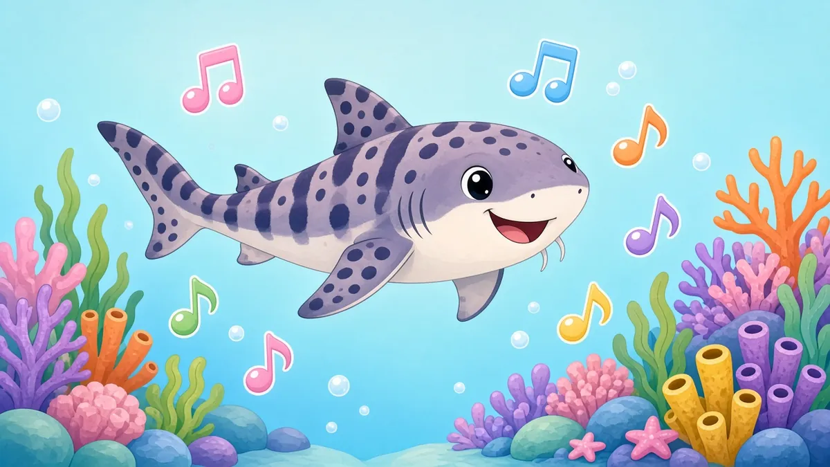 Illustration: a smiling spotted shark swimming by a coral reef with music notes