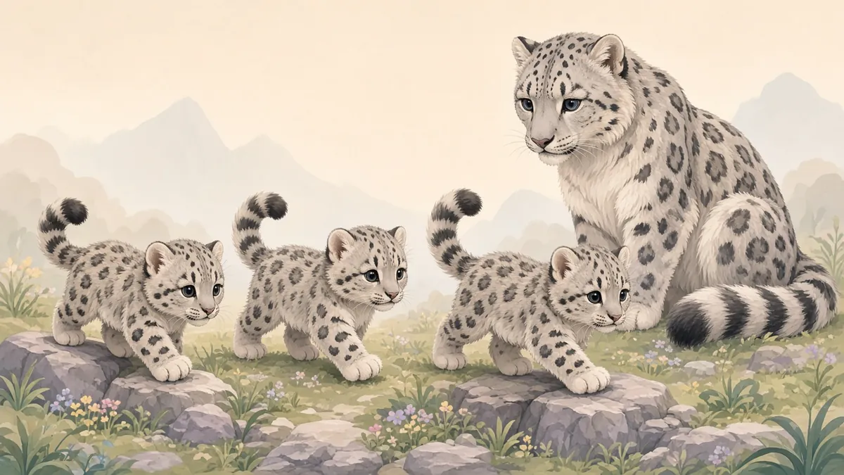 Illustration: three snow leopard cubs exploring rocks while their mother watches