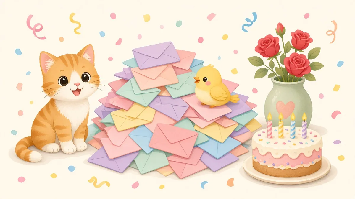 Illustration: en kattunge och en liten fågel vid en stor hög kort, röda rosor och en födelsedagstårta