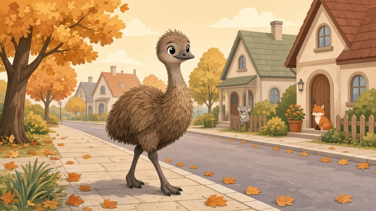 Illustration: a curious emu walking down a small-town street in autumn