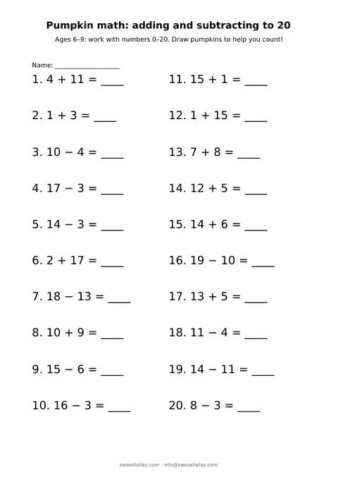 Worksheet: Pumpkin math: adding and subtracting to 20
