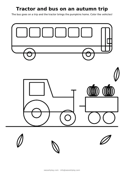 Coloring page: Tractor and bus on an autumn trip