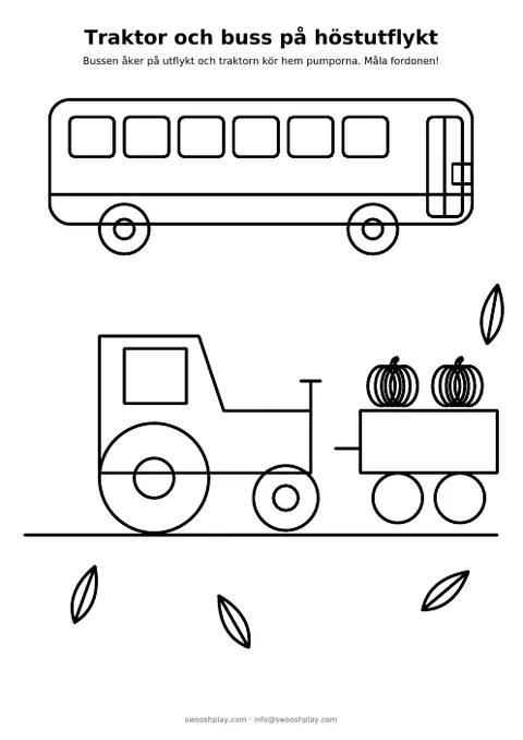 Målarbild: Traktor och buss på höstutflykt