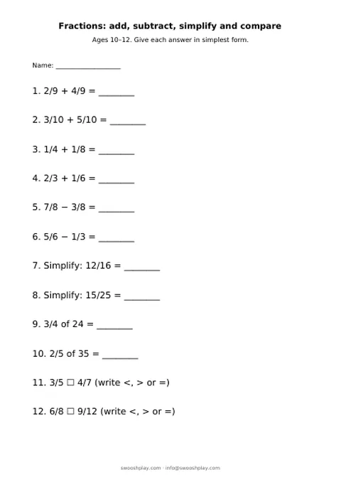 Worksheet: Fractions: add, subtract, simplify and compare