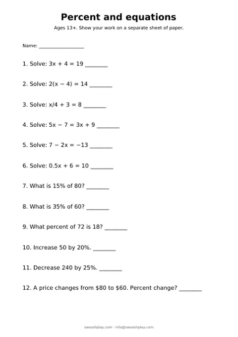 Worksheet: Percent and equations