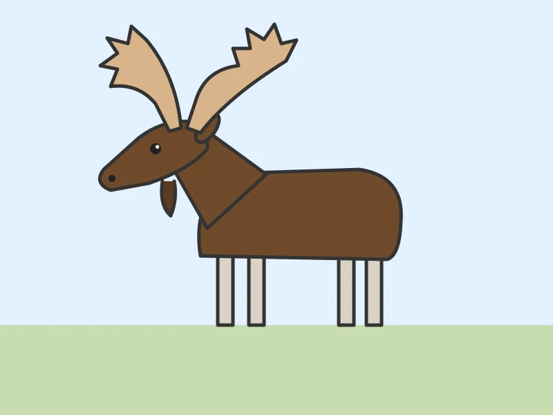 En brun älg med stora breda horn och lång hals står på en äng.
