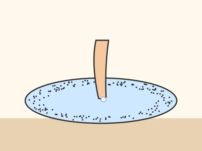 A bowl of water. A soapy finger touches the middle, and the pepper has moved out to the edge.