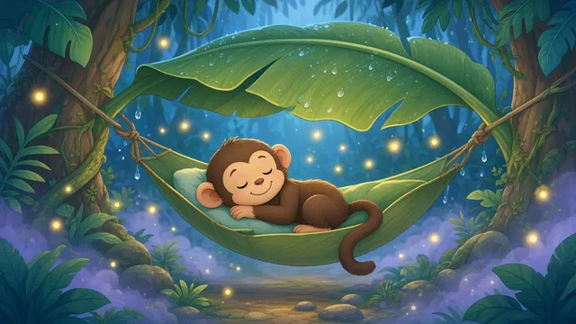 A little monkey asleep in a leaf hammock under a big banana leaf in the rainforest on a rainy night