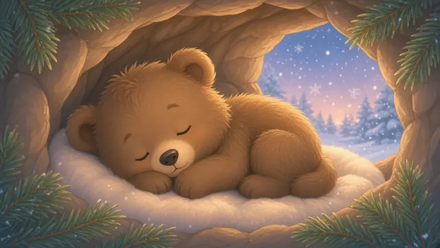 A small brown bear cub asleep on a soft white bed inside a snowy den, framed by pine branches, with snow falling outside