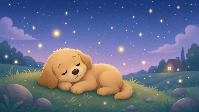 A sleeping golden puppy on a grassy hill under a starry sky with fireflies and a little house in the distance