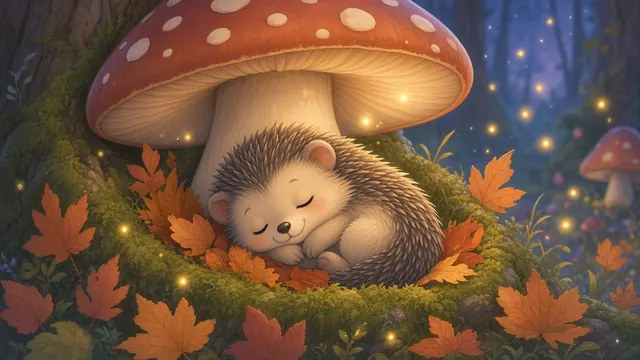 A small hedgehog asleep in a nest of moss and orange leaves under a big red mushroom, with glowing fireflies