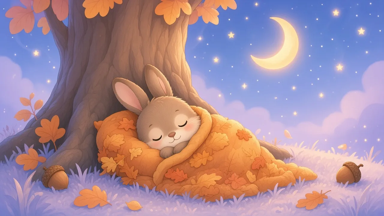 A small brown rabbit asleep under a blanket of orange autumn leaves at the foot of a big tree in the moonlight