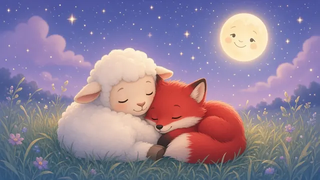 A fluffy white lamb and a small red fox cub asleep together in tall grass on a meadow, under a starry sky and a smiling moon