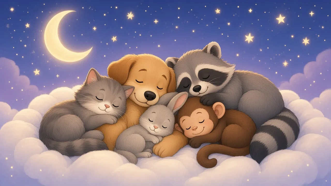 A cartoon cat, dog, rabbit, raccoon and monkey asleep together on a soft cloud under a crescent moon