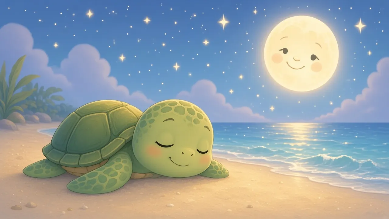 A little green sea turtle asleep on soft sand on a calm beach at night, with a smiling full moon shining over gentle waves