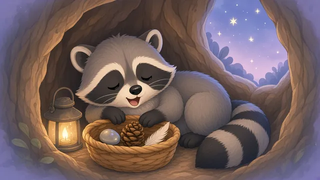 A little raccoon in a hollow tree placing a pebble, a pine cone and a feather into a basket beside a lantern